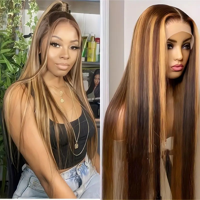 Perruque tendance couleur piano, raie au milieu, cheveux longs et lisses, extensions couvrant toute la tête avec tulle frontal._voghion.com