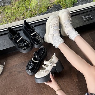 Black Round-Toe Thick-Soled Mary Jane Small Leather Shoes for Women 2025 New Summer Style with Skirt French Thick Heel Pumps