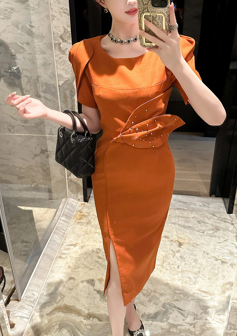 Đầm nữ mùa hè phong cách Pháp tay phồng ôm eo xẻ tà — Màu cam cháy chi tiết 4