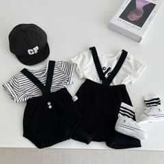 韓版男女寶寶條紋寬鬆短袖T恤黑色背帶中褲包屁褲套裝0204A059