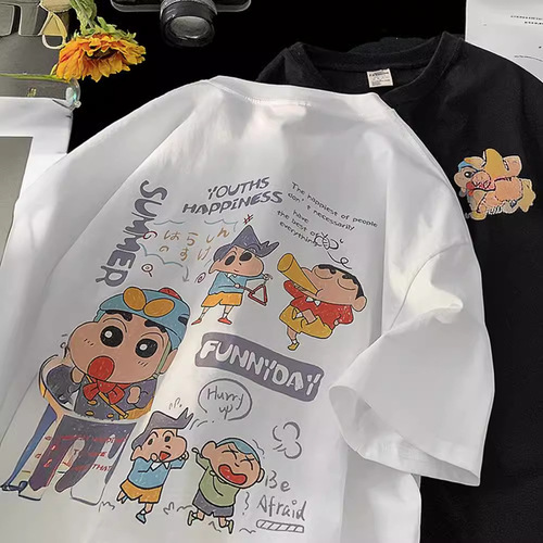 Crayon Shin-chan Printed Short Sleeve T-shirt for Men - Summer Loose Fit Cotton Heavyweight Top - Trendy Streetwear Casual Seven-Sleeve