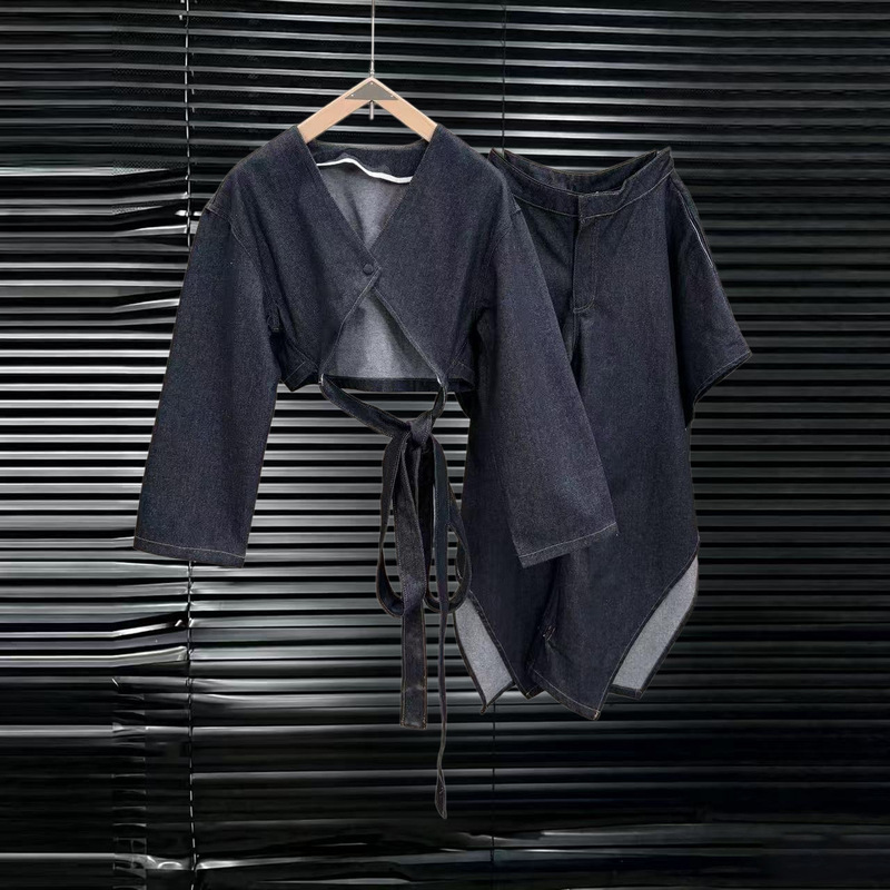 Linghua Ji 26th Year Design V-neck Tie-Waist Short Cardigan Paired with Ruffle-Slit Long Pants Denim Set
