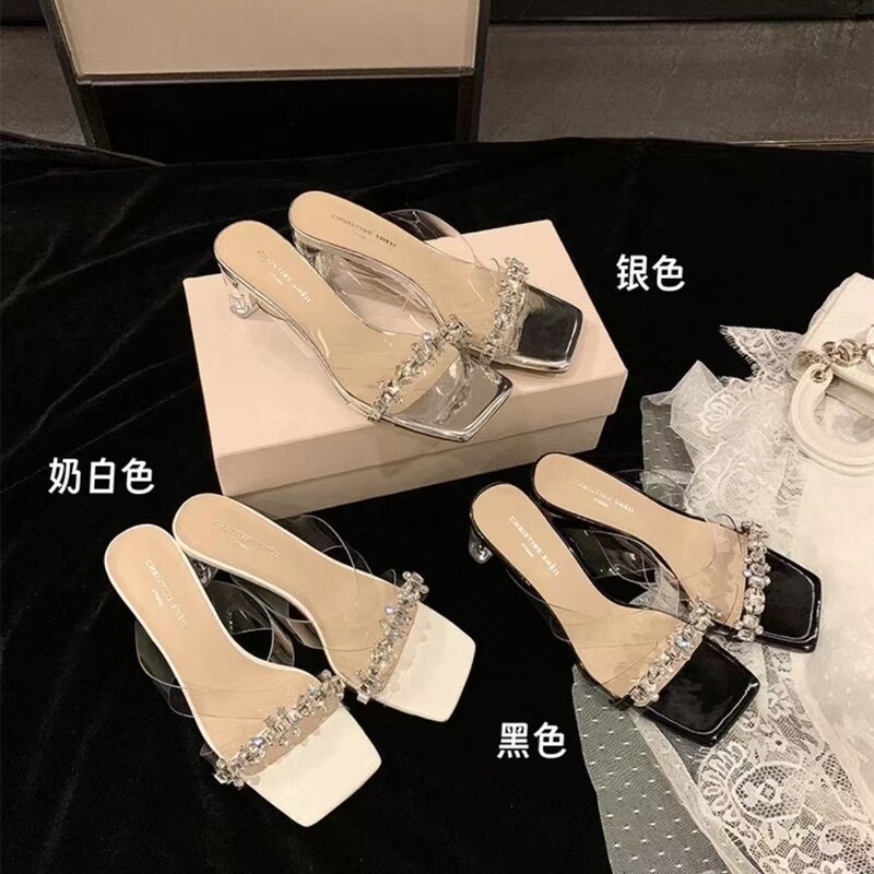 Crystal Princess~6Cm Square-Toe Rhinestone Transparent Strap High-Heeled Outdoor Slippers for Women, Summer Fairy-Style Elegant Sandals for Women