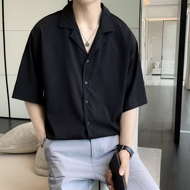 2024 New Pure Black Cuban Collar Shirt Men's Summer Suit Design Suit with Short Sleeve Half Sleeve Shirt