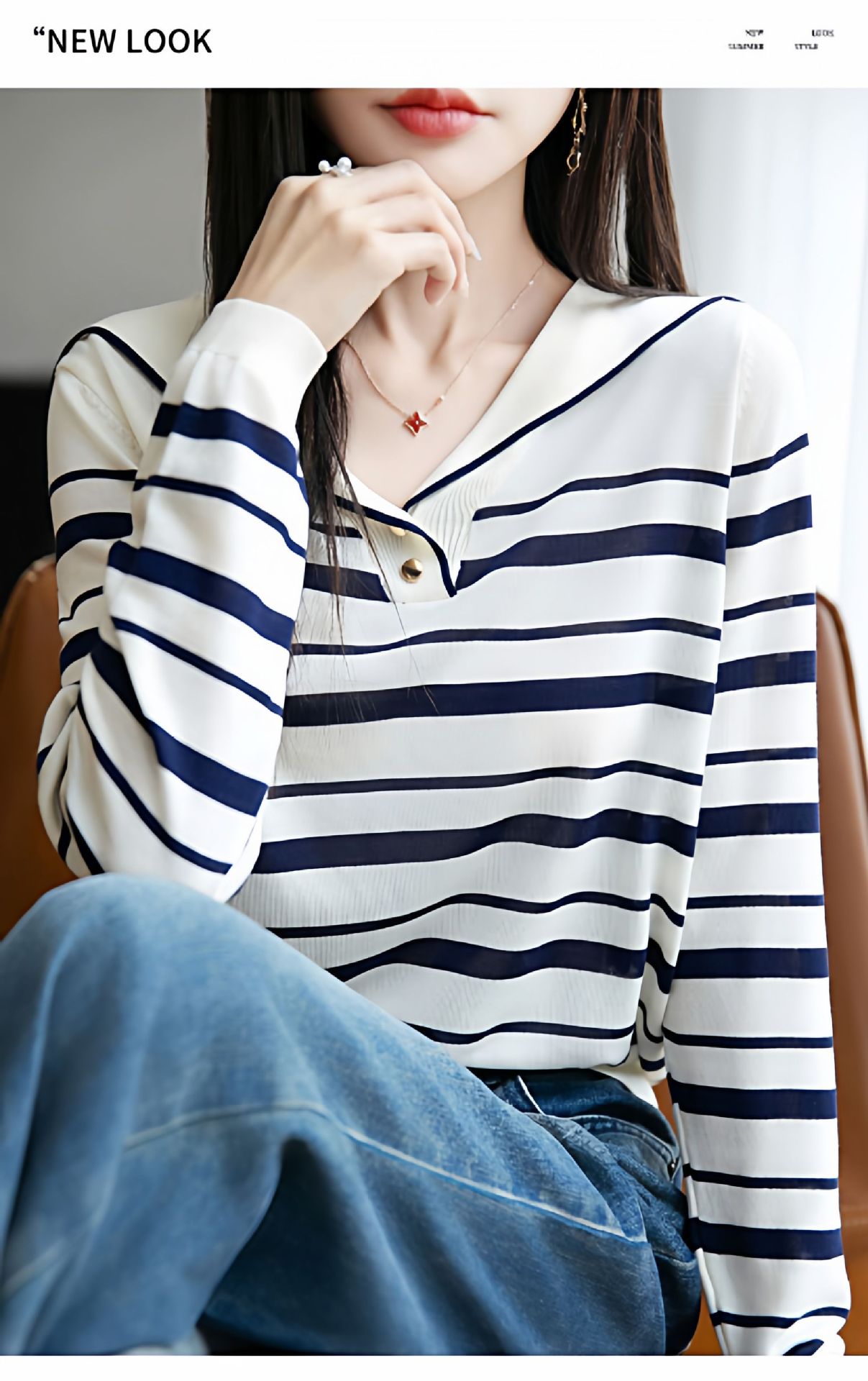 Camiseta de punto a rayas de cuello marino suéter coreano suéter de reducción de edad camisa de base suelta con solapa de luces de manga larga camisa de mujer image 7