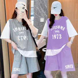 运动套装女夏2022新款时尚宽松韩版短袖假两件减龄显瘦休闲两件套