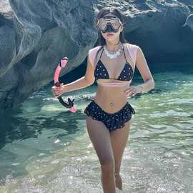2025女装新款ins辣妹性感美背挂脖波点吊带荷叶边系带波点比基尼