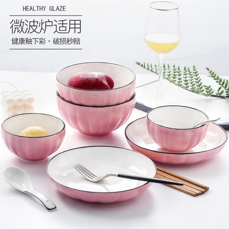 Dish Set, Household Tableware, Creative Red Ceramic Bowl and Plate Couple Set, Bowl and Chopsticks Combination for 2 People