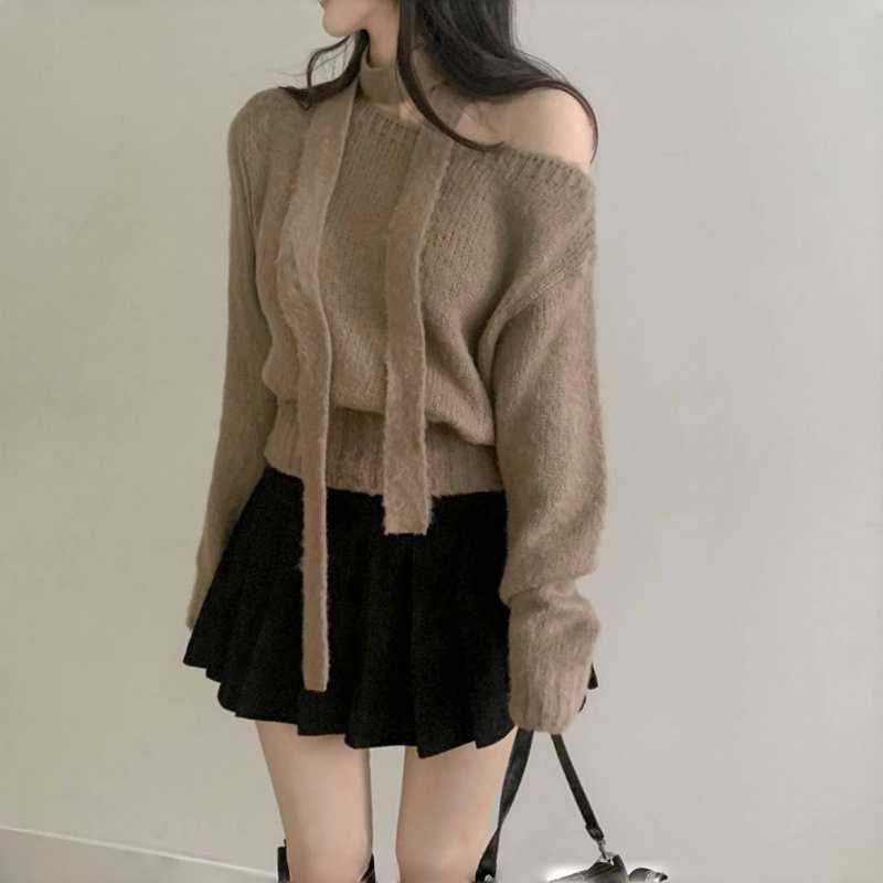 Size Update Korean Chic Retro One-Line Collar Off-Shoulder Long-Sleeved Sweater Feminine Versatile Halter Top