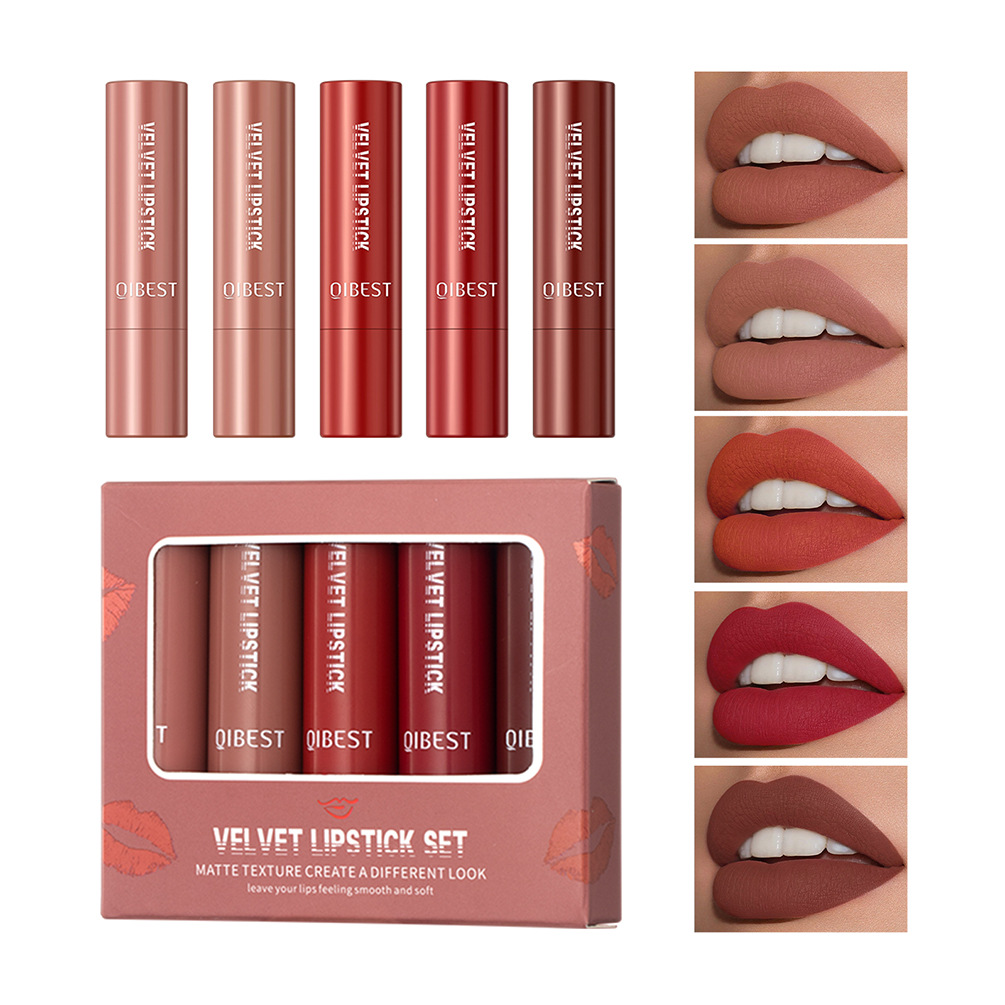 QIBEST matte velvet matte lipstick suit non-stick cup does not fade easy to color moisturizing lasting lipstick makeup