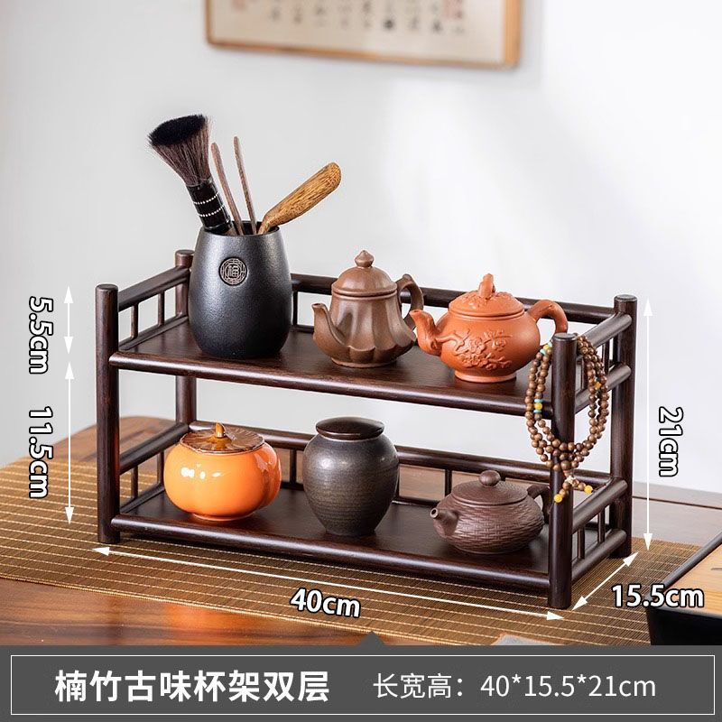 桌面置物架三层茶壶茶杯架紫砂壶茶具收纳架竹制茶棚置物架博古架|undefined