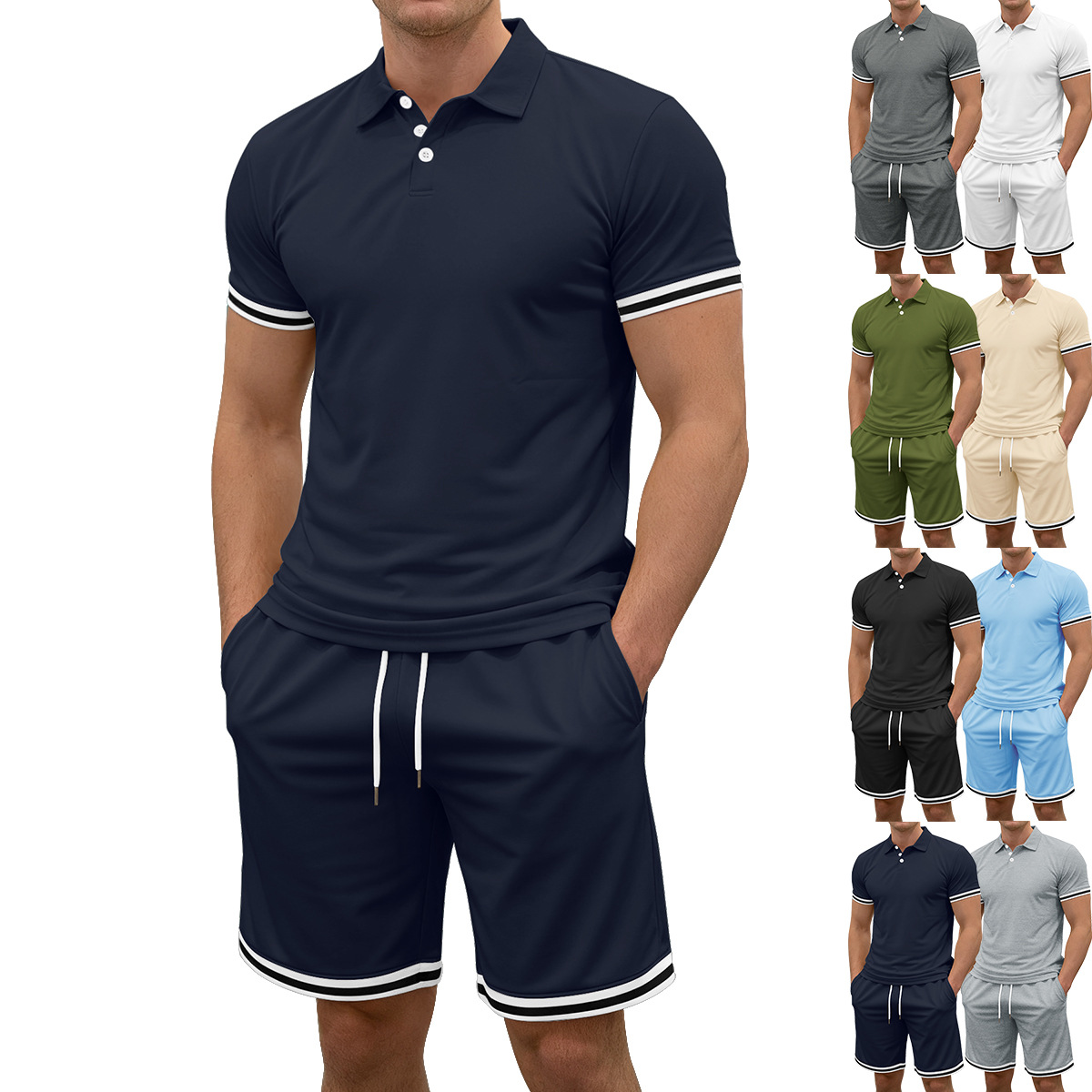 2025 Cross-Border Amazon Summer European and American Style Collared Button-Down Short-Sleeve and Drawstring Shorts Two-Piece Sports Casual Men's Set