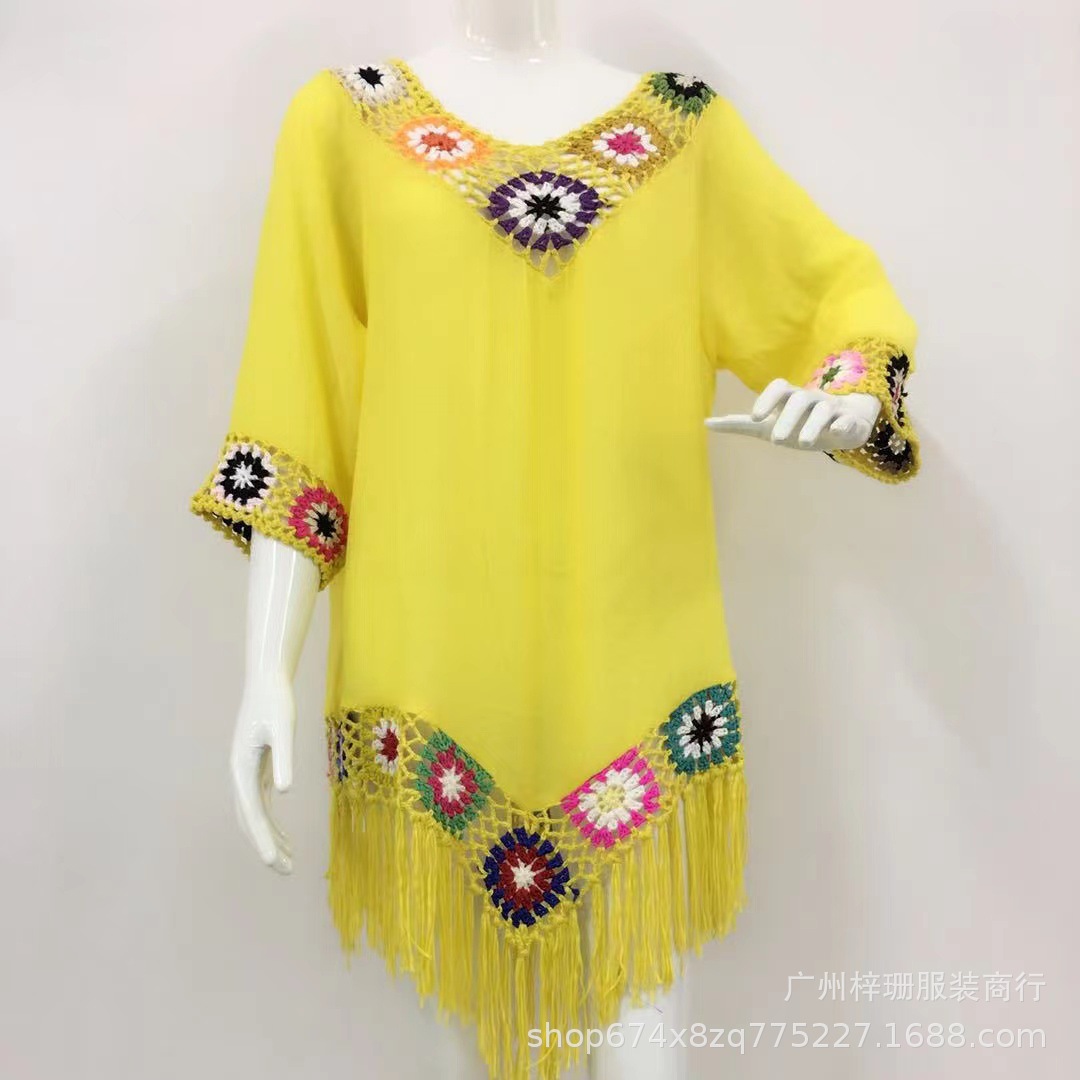 Transfronterizo nuevo fuera del hombro tres cuartos manga gancho flor costura borla irregular playa anti-DDoS blusa estilo étnico vestido image 12