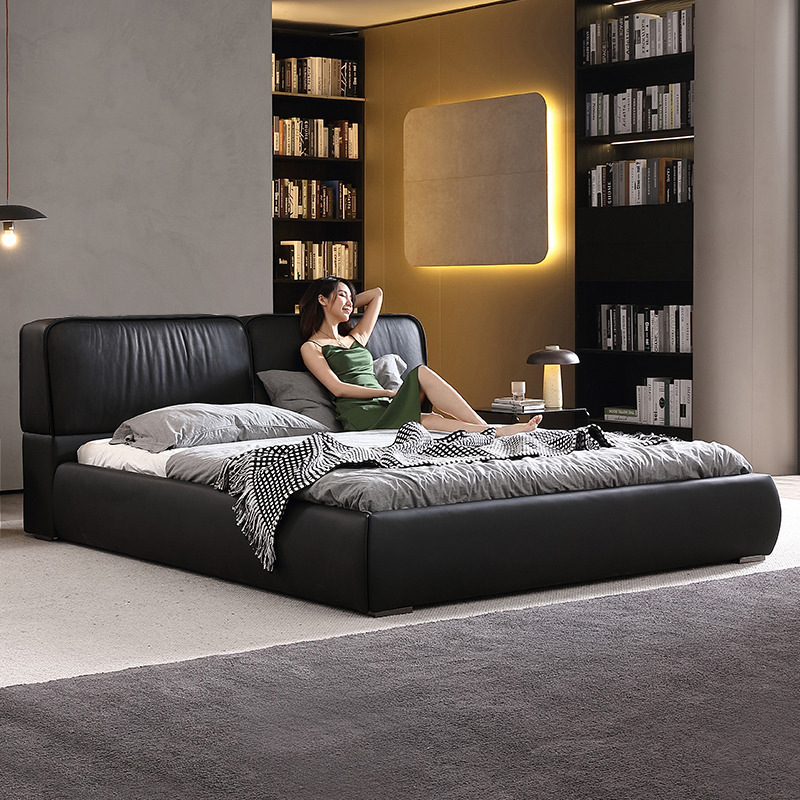 Italian Minimalist Leather Bed Master Bedroom Solid Wood Wedding Bed Internet Red Big Black Cow Add Flying Cowhide Tofu Block Double Bed