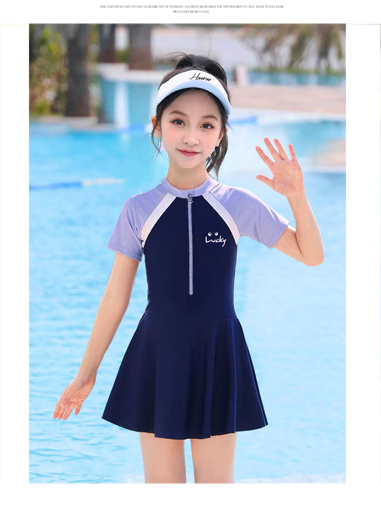 女の子中大童連体水着 半袖日焼け止め 高弾力ミルクシルク素材  詳細画像