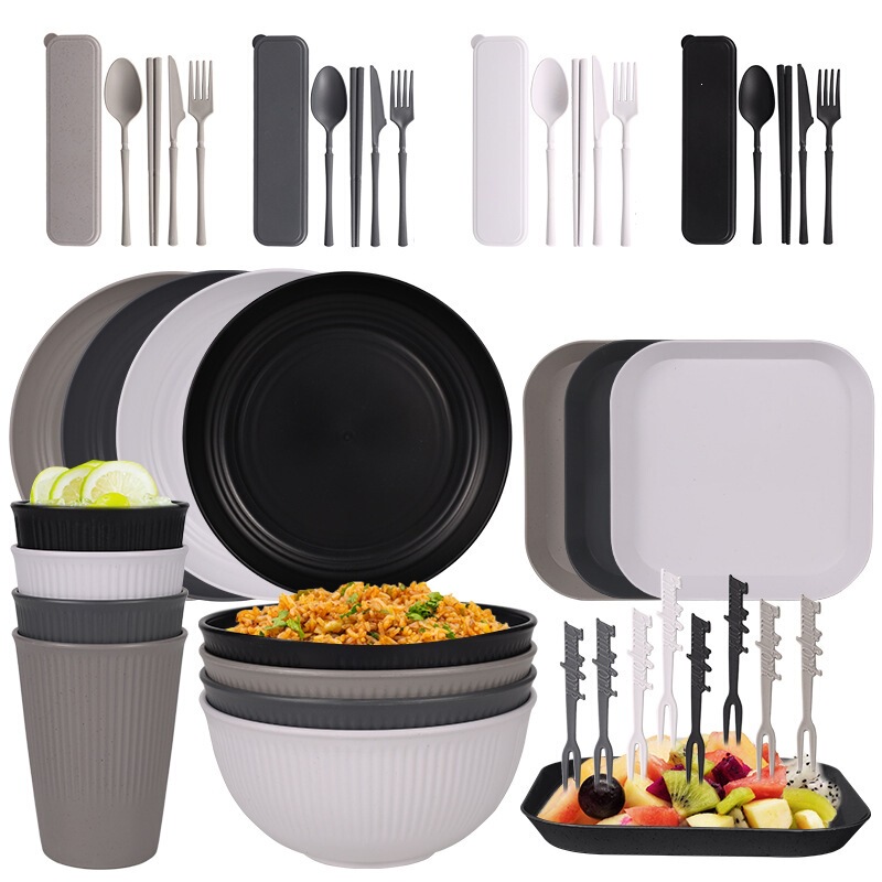 Amazon cross-border wheat straw striped plates, bowls, cups, cutlery, forks, spoons outdoor camping portable tableware set