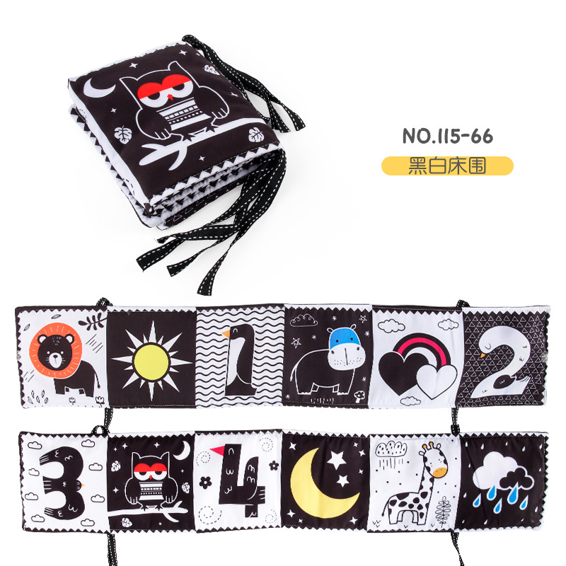 Bebé de educación temprana juguetes educativos de doble cara libro de tela blanco y negro cama de los niños circunferencia colgante forma cognitiva animal bebé libro de tela