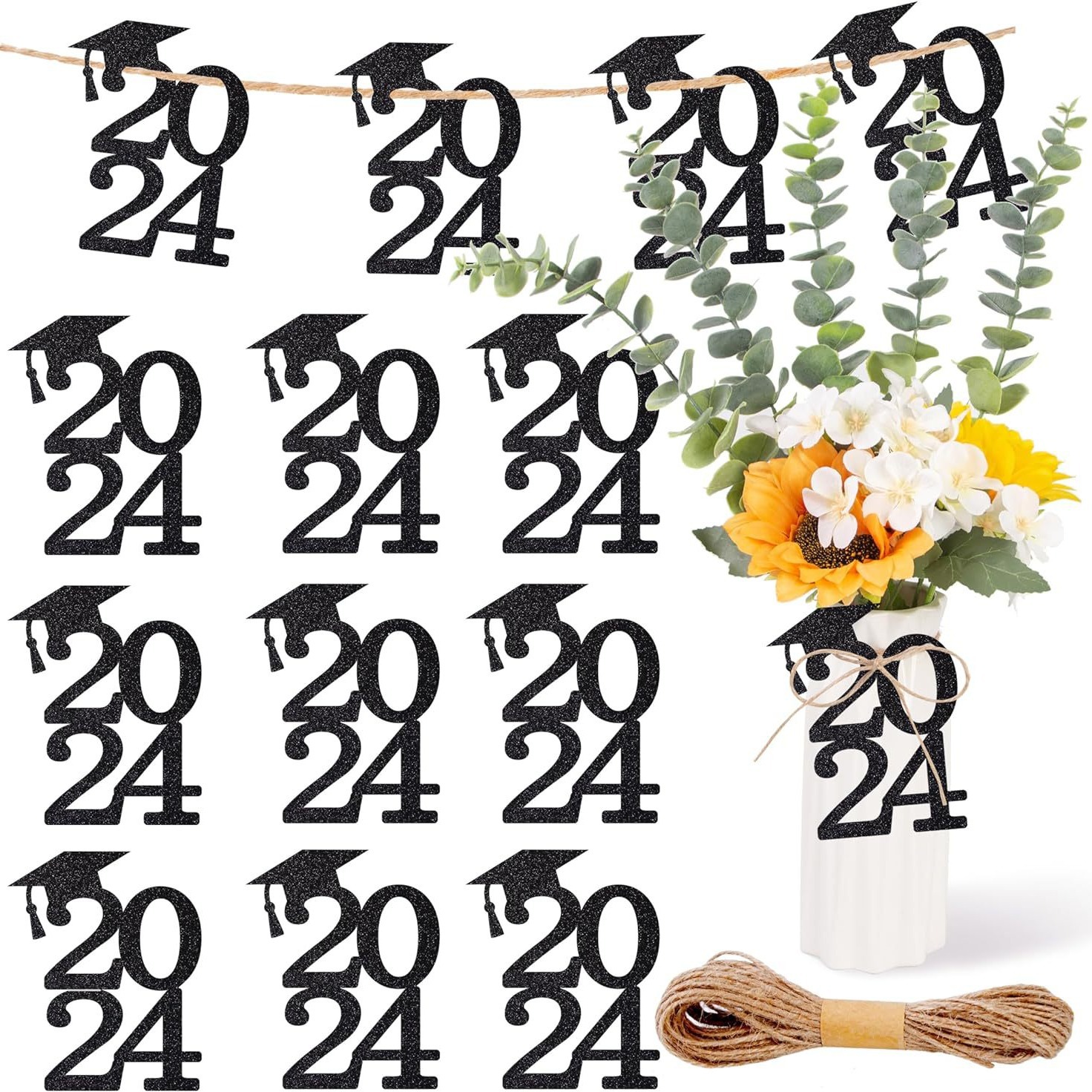 24 piezas de brillo negro cinta de doble cara 2024 decoraciones temporada de graduación suministros de fiesta corte de papel pull bandera transfronteriza Venta caliente