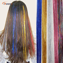 Colorful bright hair extensions, shiny threads, iridescent threads, golden and silver threads, gold and silk threads, laser threads and shiny hair extensions.