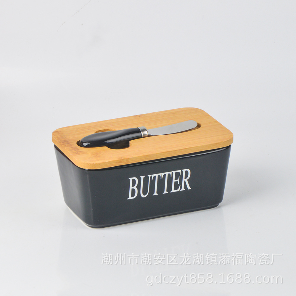 Caja de mantequilla de cerámica de explosión transfronteriza caja de queso doméstica de gran capacidad tazón de mantequilla con cuchillo cubierta de madera de bambú