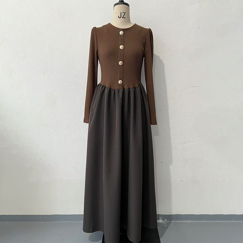 Autumn Women Clothing Color Contrast Stitching Design Long Sleeve Dress