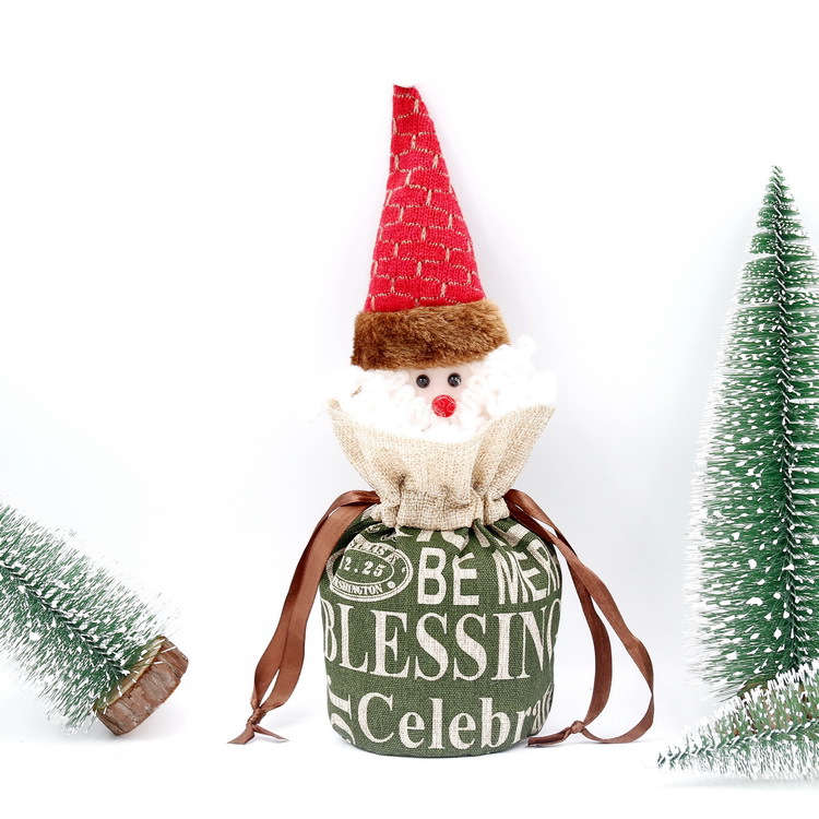 Nueva Navidad decoraciones Lino inglés cordón Apple bolsa niños dibujos animados viejo muñeco de nieve ciervos caramelo bolsa de regalo