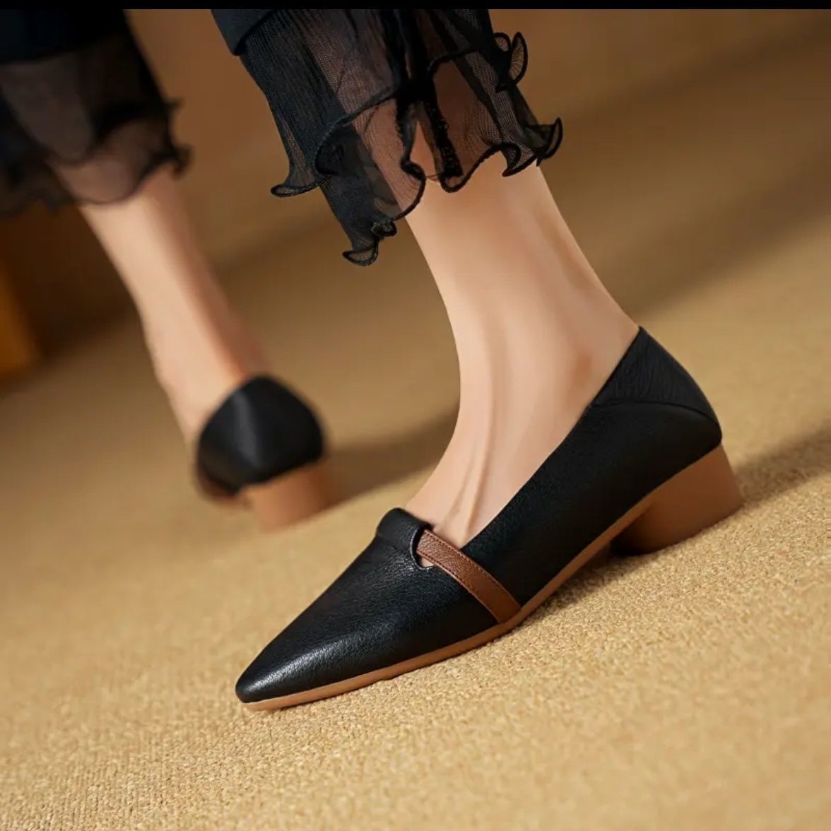 Single shoes women's autumn new comfortable and versatile thick heel soft leather soft sole one pedal pointed low high heels_voghion.com