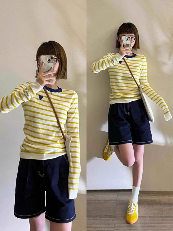 黄色条纹正肩内搭打底衫上衣女春秋季短款修身小个子针织长袖t恤|undefined