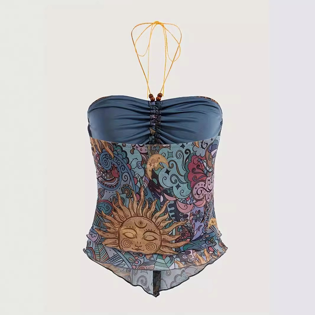 Sommerliches Damen-Top im Y2K-Stil mit Sonnenblumenmuster, Neckholder, trägerlos, europäisch-amerikanisch, sexy und asymmetrisch geschnitten_voghion.com