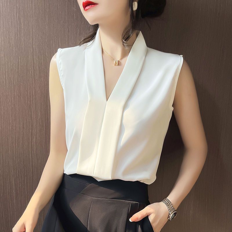 V-Neck Sleeveless Shirt Women's Spring and Summer New Suit Inner Base Shirt Women's Cut Sleeve Solid Color Chiffon Outer Wear Small Vest