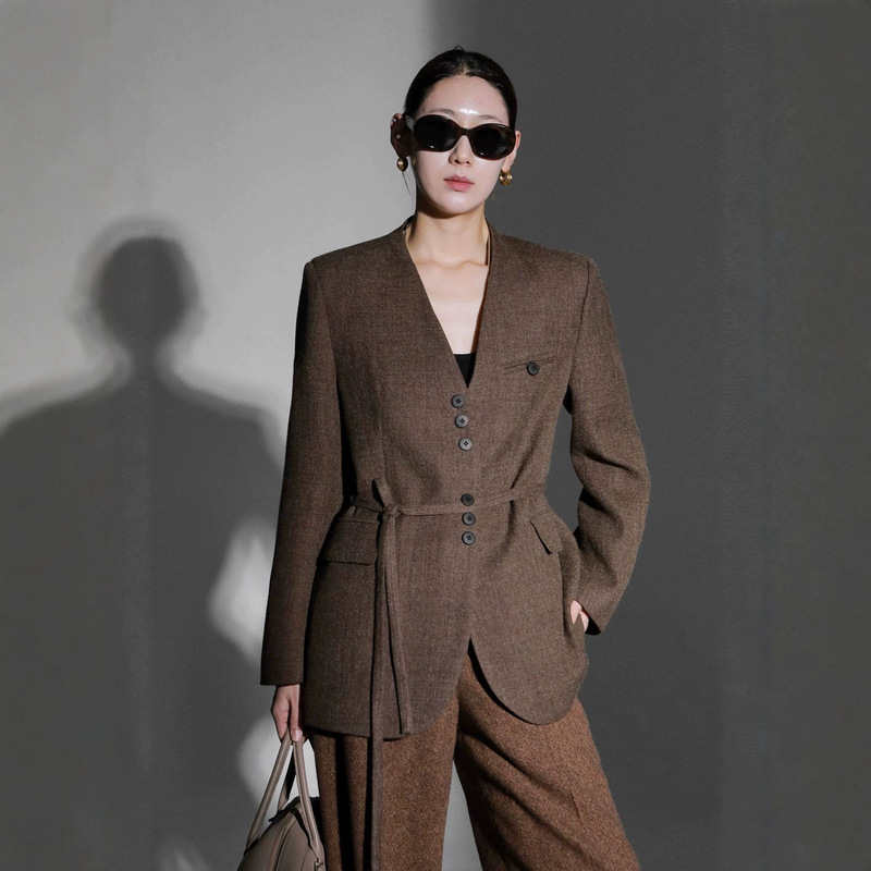 V-neck waist-tied blazer for women, high-end wool blend, simple and elegant style with belt, new commuter suit