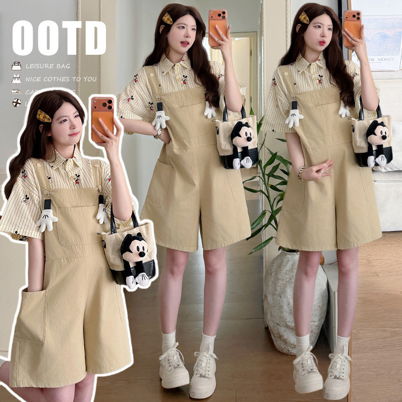 Maternity Shorts for Summer, Korean Style Cute Doll Denim Overalls Set + Printed Short-Sleeve Shirt Trendy Maternity Shorts for Summer, Korean Style Cute Doll Denim Overalls Set + Printed Short-Sleeve Shirt Trendy