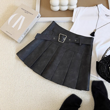 美式扎染半身裙女PU皮短裙秋冬高腰显瘦a字裙咖色百褶裙子大裙摆