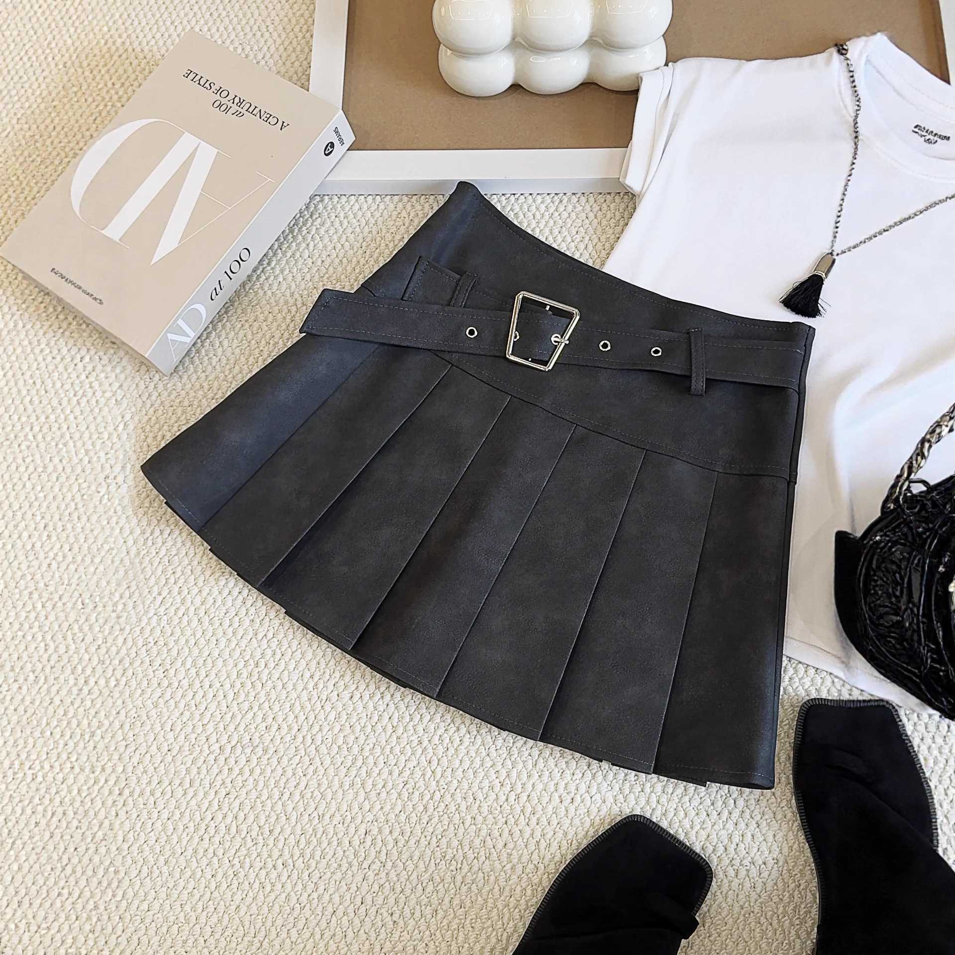 美式扎染半身裙女PU皮短裙秋冬高腰显瘦a字裙咖色百褶裙子大裙摆