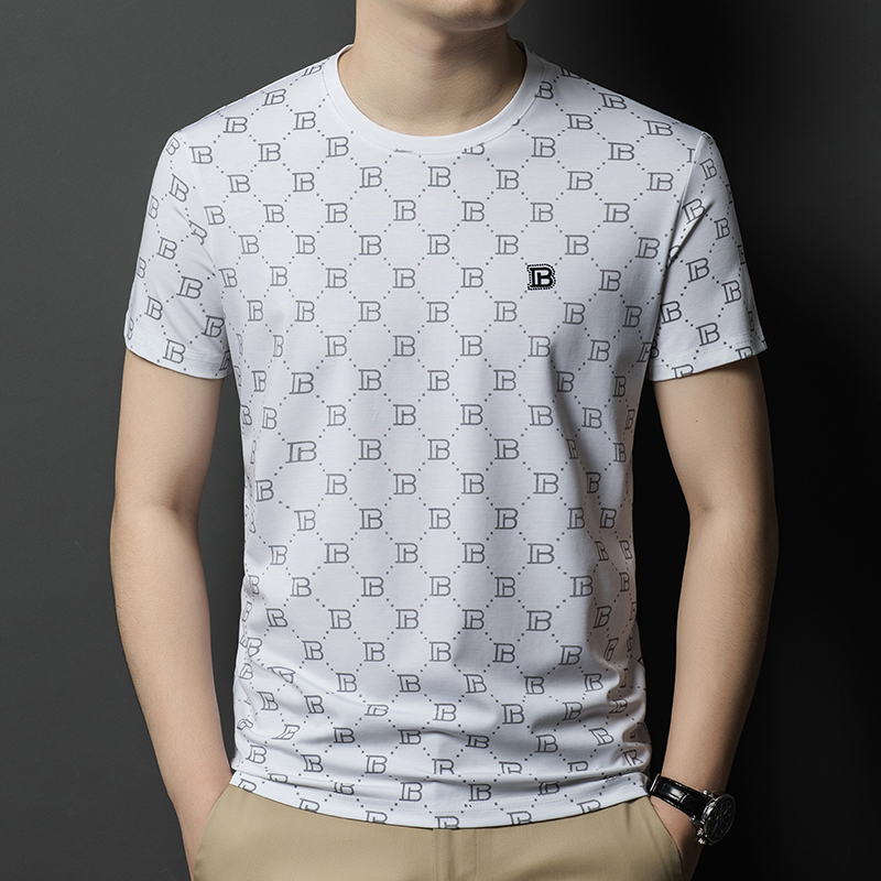 本物のロモンシルク半袖Tシャツメンズラウンドネックハイエンド若者と中年の薄いアイスシルク半袖Tシャツ。|undefined