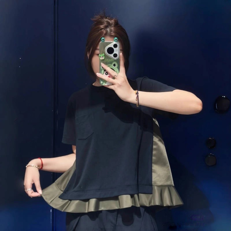 FOG SACAI 25春夏新款拼接荷叶边短袖T恤宽松休闲百搭圆领上衣女|undefined