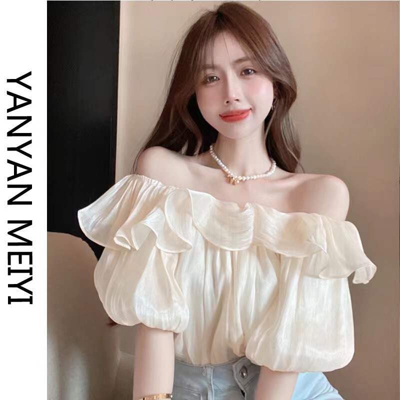 Real Price Pure Lust Elegant One-Shoulder Shirt Women's Design Niche Top Ruffled Style Off-Shoulder Chiffon Shirt Summer