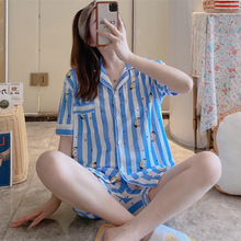 夏季短袖短裤睡衣女ins卡通可爱甜美新款开衫学生休闲家居服套装