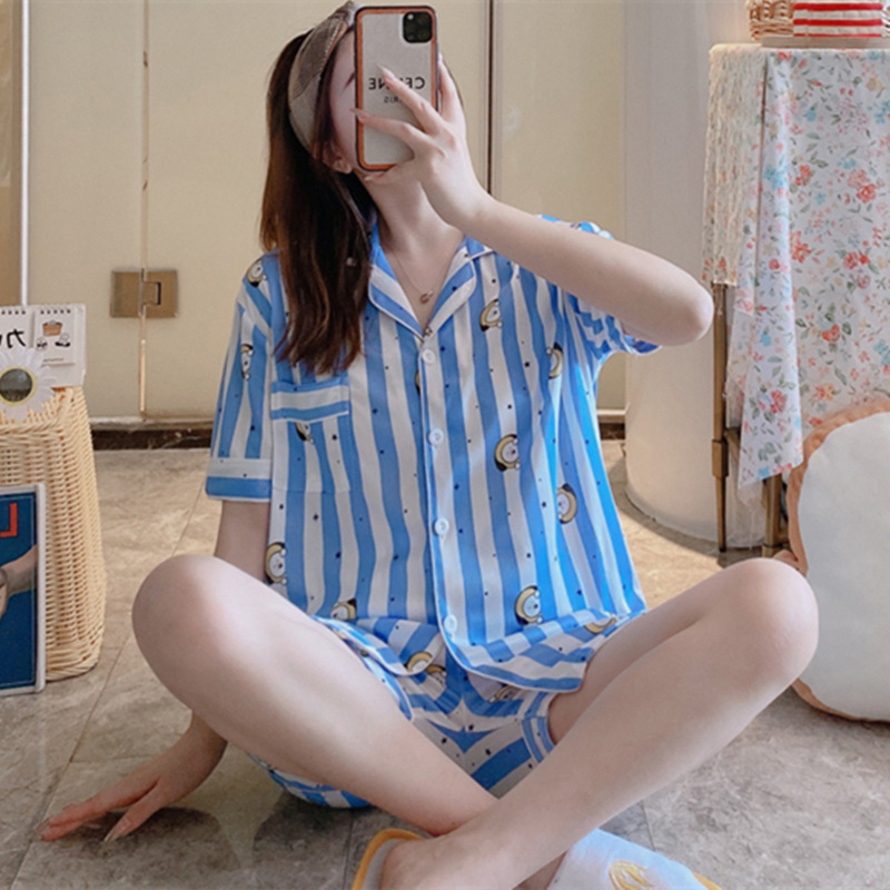 夏季短袖短裤睡衣女ins卡通可爱甜美新款开衫学生休闲家居服套装