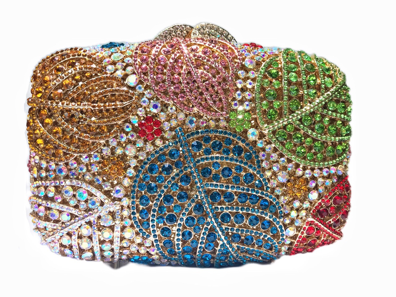 * transfronterizo nuevo paquete de diamante de hoja hueco caja dura de metal bolsa de cristal bolsa de diamante de mano de banquete europea y americana