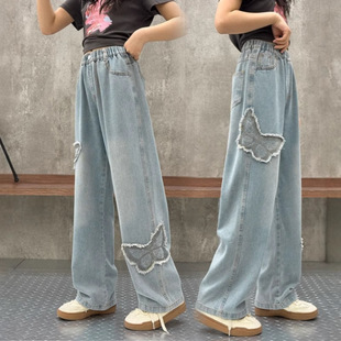 Girls 2025 New Spring Denim Wide Leg Pants Children's Jeans Thin Straight Leg Pants High Waist Soft and Comfortable