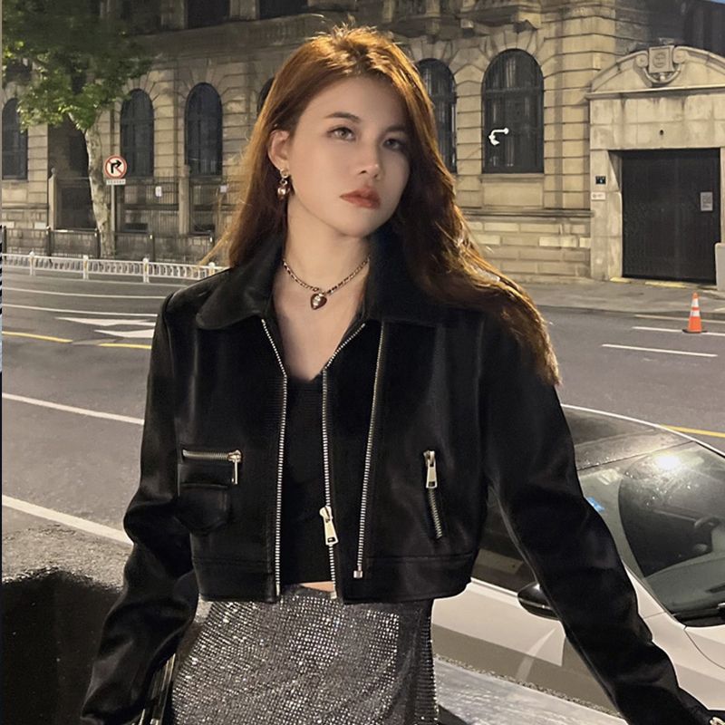 American Retro Ins Petite Tops for Women, Spring High-End Shorts, Trendy Biker Jackets, Street-Style Pu Leather Jackets