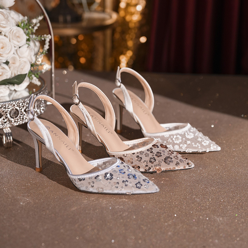 Women's Fairy White Floral Pointed Toe Mesh Lace Sandals High Heeled Open Back Stiletto Evening Shoes_voghion.com