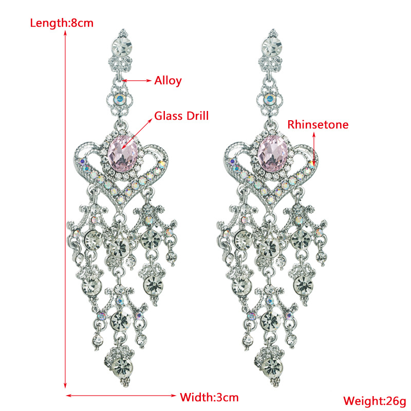 Fashion New Retro Baroque Pink Glass Drill Heart Shaped Tassel Alloy Earrings display picture 1