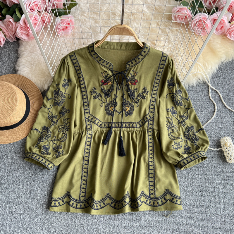 Vintage Ethnic Style Embroidered Lace-up Shirt Women's Spring and Autumn New Artistic Stitching Loose Seven-point Sleeve V-neck Top