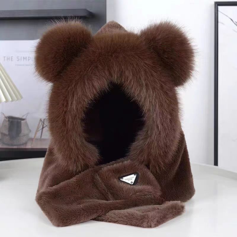 Otoño y invierno imitación de zorro sombrero de pelo cálido peluche lindo oso encapuchado sombrero de bicicleta sombrero de oído cálido