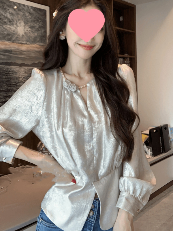 Three-Dimensional Floral Satin Shirt for Women, Autumn French Style, New Model, Romantic Atmosphere Outfit Top Three-Dimensional Floral Satin Shirt for Women, Autumn French Style, New Model, Romantic Atmosphere Outfit Top