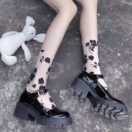 Japanese-style JK black lace short socks for women rose embroidery glass silk transparent lace short mid-calf summer ultra-thin style 