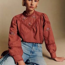 小个子复古宫廷风衬衣十字花纹刺绣蕾丝拼接气质百搭衬衫上衣法式