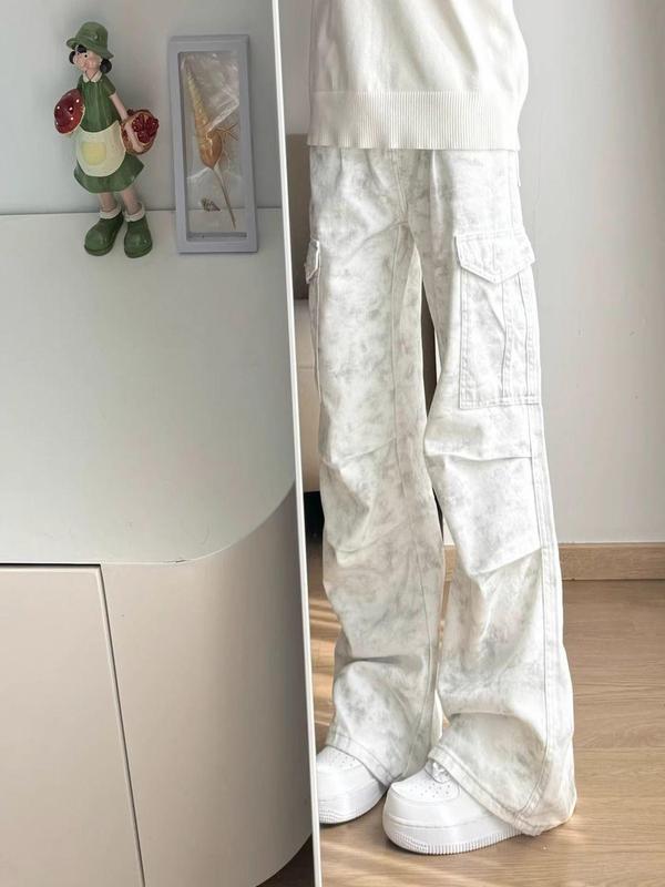 美式复古扎染褶皱工装裤女秋季小众设计感百搭潮流宽松阔腿拖地裤|undefined